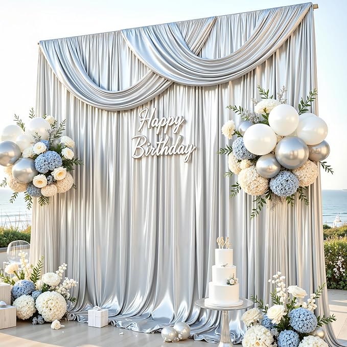 Silver Satin Backdrop Curtains 2 Panels - Image 7