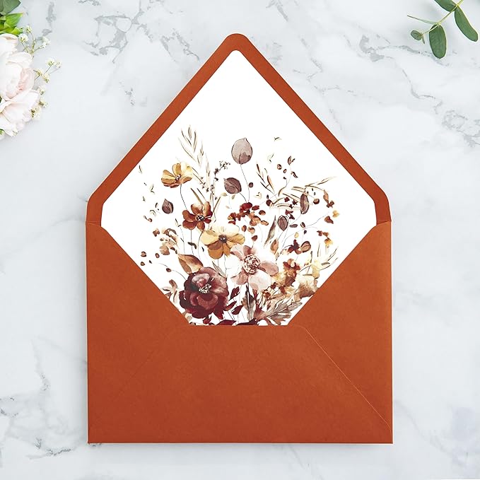 PONATIA 50PCS A7 Euro Flap Envelopes, 5.25 x 7.25'' Burnt Orange Flowers Liner - Image 3