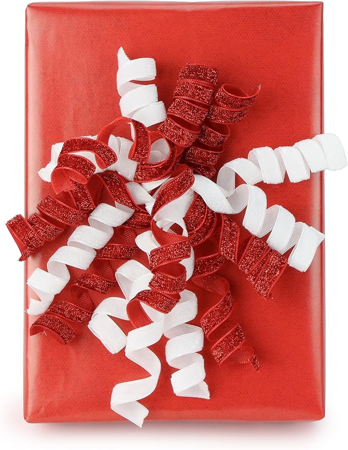 6" Metallic Glitter Red and White Self Adhesive Curly Ribbon Gift Wrap Bows - Image 9