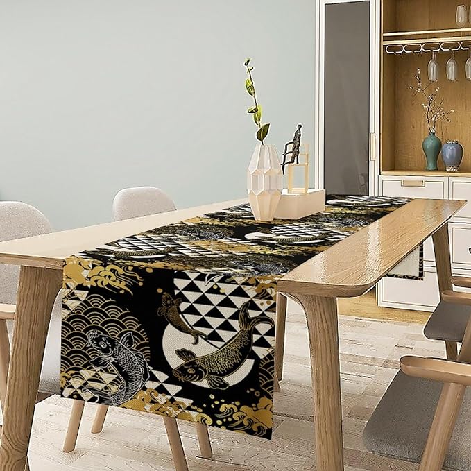 Japanese Table Runner Oriental Tradition Kio Fish Gold Art Printed Burlap - Image 5