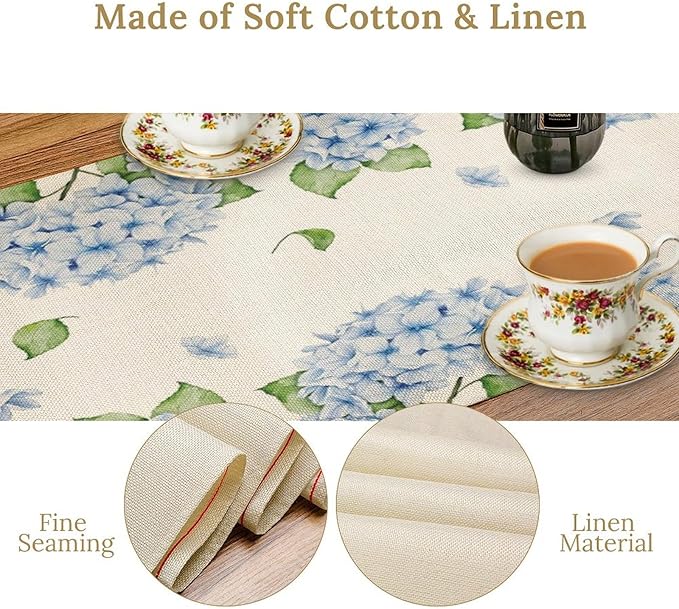 Watercolor Hydrangea Flower Table Runner, Spring Summer Seasonal Plants - Image 5