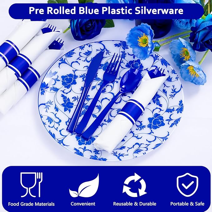 400PCS Pre Rolled Blue Plastic Silverware Sets - Image 9