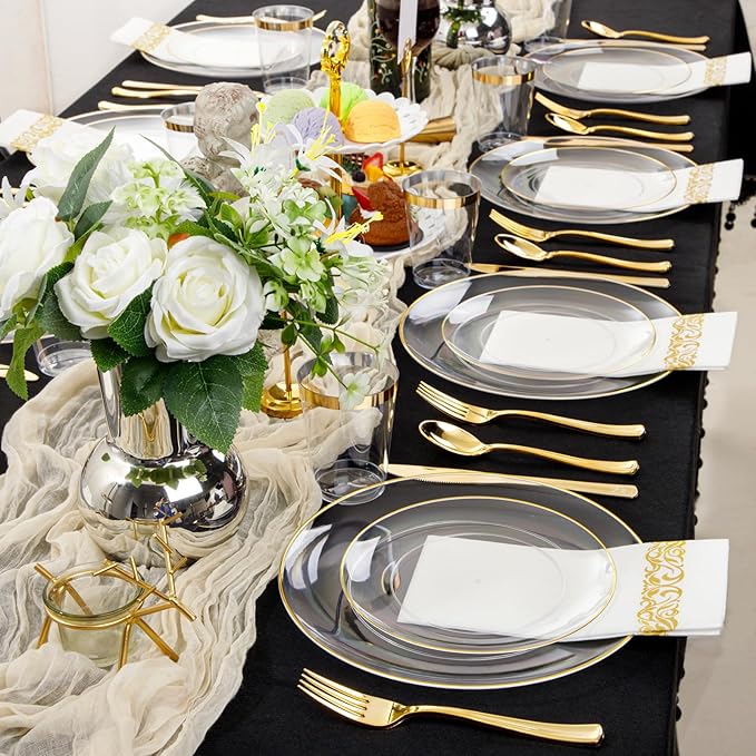 Supernal 350PCS Clear and Gold Plastic Dinnerware Set Include Clear Disposable - Image 7