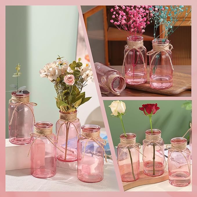 Pink Glass Flower Vases for Centerpieces Set of 6, Mason Jars Boho Cylinder Bud - Image 3