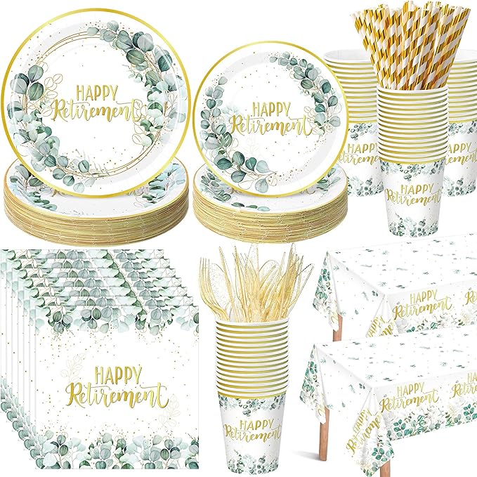 452 Pcs Sage Green Retirement Party Supplies Happy Retirement Paper Plates by Potchen