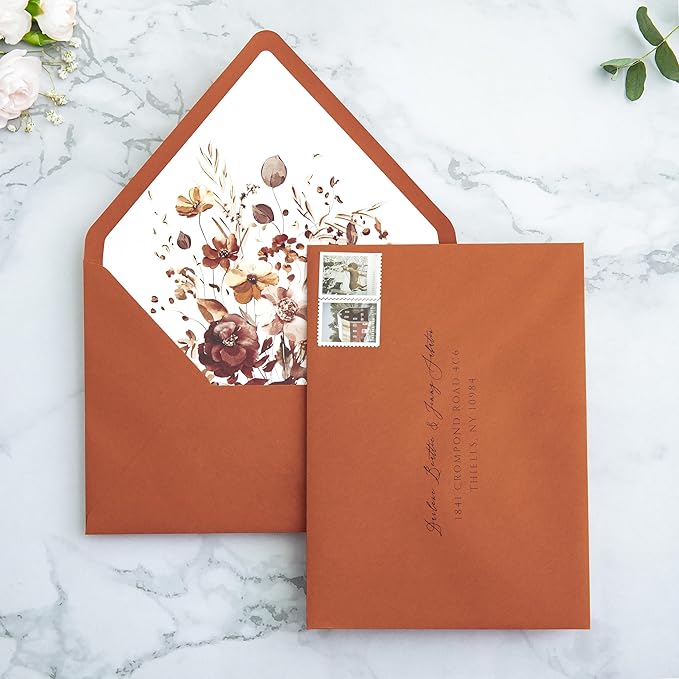 PONATIA 50PCS A7 Euro Flap Envelopes, 5.25 x 7.25'' Burnt Orange Flowers Liner - Image 5