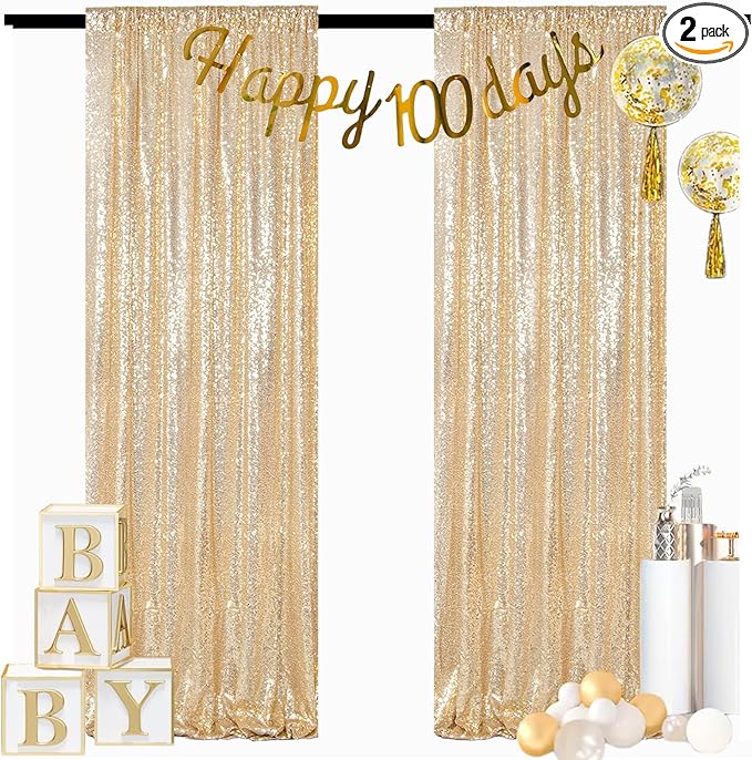 ShinyBeauty Light Gold Backdrop Sequin Curtains 4FTx7FT 2 Pieces Photograph by ShinyBeauty