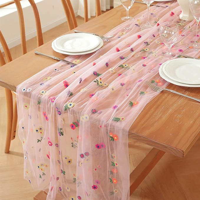 Pink Flower Tulle Table Runner 29x120 Inch Embroidery Florals Soft Sheer Tulle by Unknown