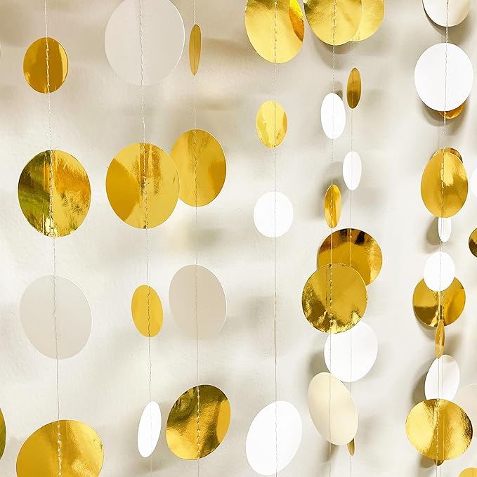 46 Feet White and Gold Circle Dots Garland Hanging Paper Polka Dots Streamer - Image 4