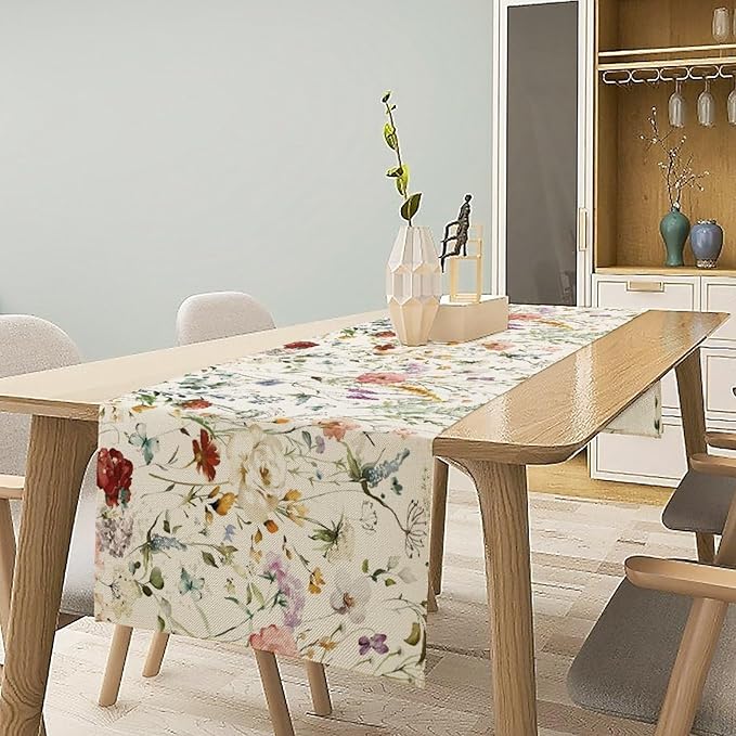 Floral Butterfly Table Runner, Rustic Colorful Flower Botanical Watercolor - Image 6