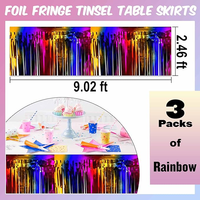 3 Pack 29 x108 Inch Rainbow Foil Fringe Table Skirts Metallic Banner - Image 3