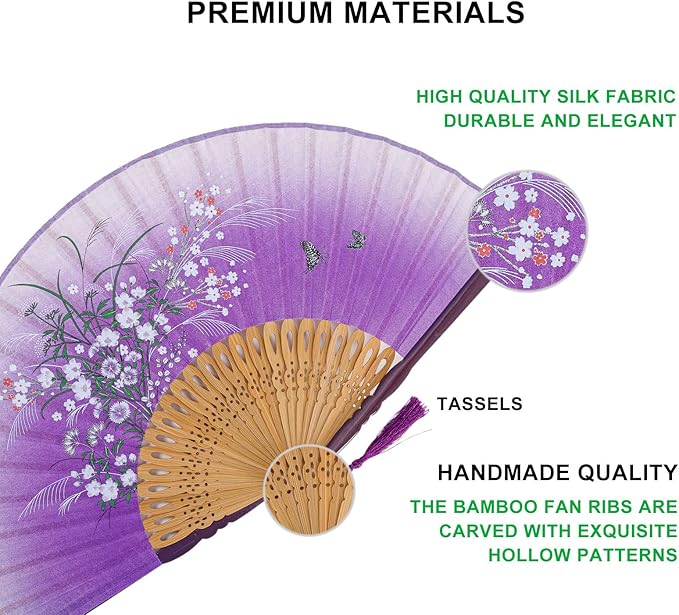 Amajiji 8.27" Hand Held Bamboo Silk Folding Fan Hand Fan, Chinese/Japanese - Image 4