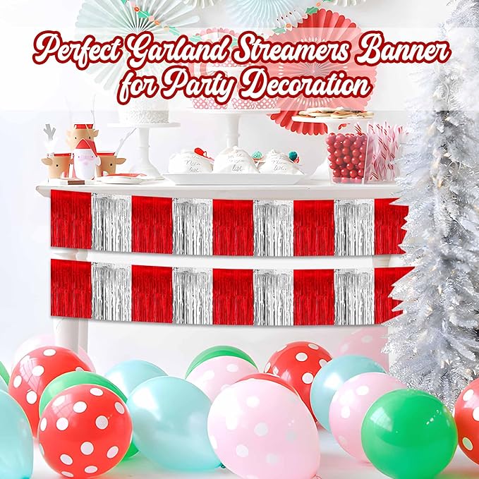 4 Pack 10 Ft Red and Silver Foil Fringe Garland Metallic Streamers Tinsel - Image 4