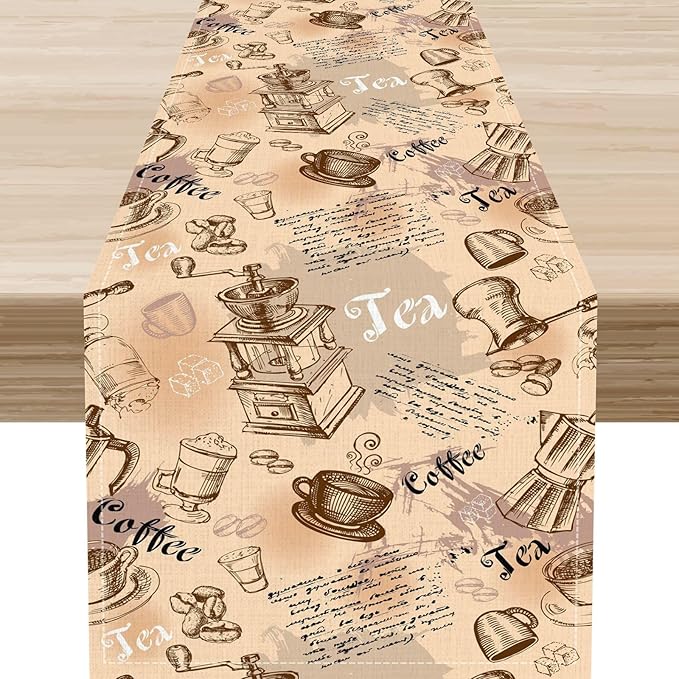 Coffee Theme Table Runner, Rustic Farmhouse Coffee Cup Tea Party Cafe Table by Unknown