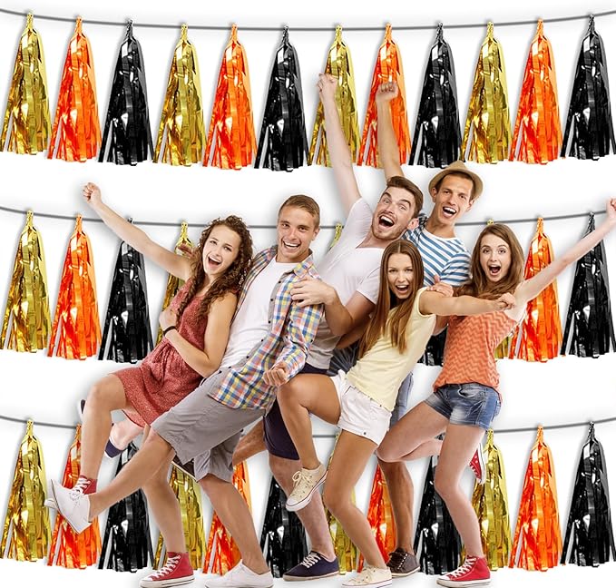 3P Orange Gold Black Metallic Fringe Tassel Banner Garland Foil Tinsel Streamer - Image 5
