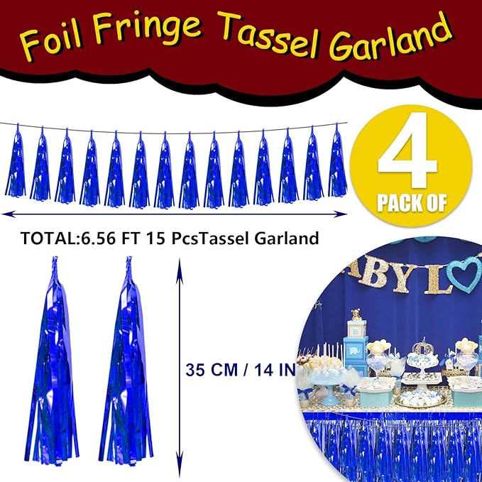 4P Blue Foil Fringe Tassel Banner Garland Metallic Tinsel Streamers Wall - Image 2