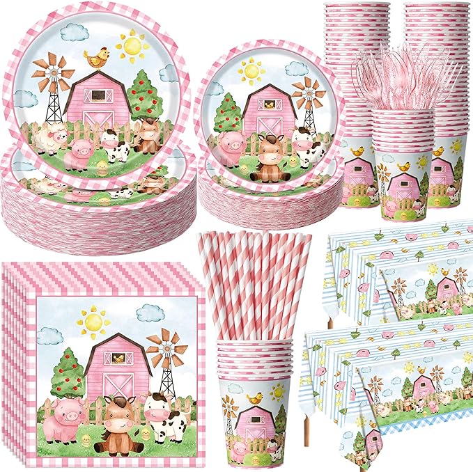 452 Pcs Pink Farm Animal Birthday Decorations by Potchen