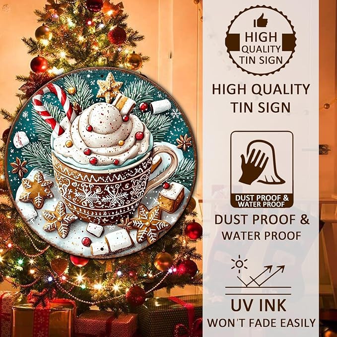 Round Christmas Signs Hot Cocoa Bar Metal Tin Sign Christmas Decor - Image 4