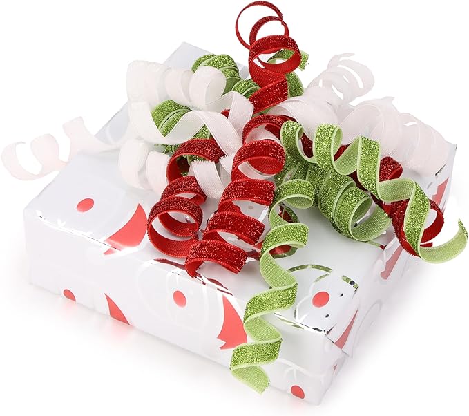6" Metallic Glitter Red and Lime Green Self Adhesive Curly Ribbon Gift Wrap Bows - Image 5