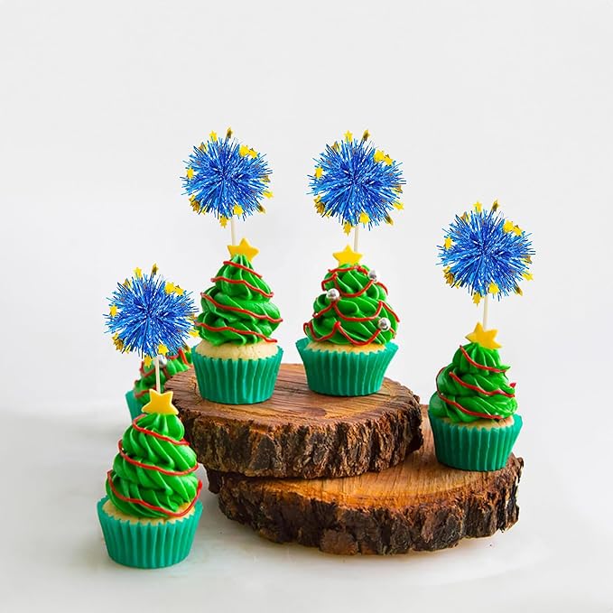 Ephlyn 30Pcs Foil Firework Cupcake Toppers Firework Cake Toppers Tinsel Flower - Image 4