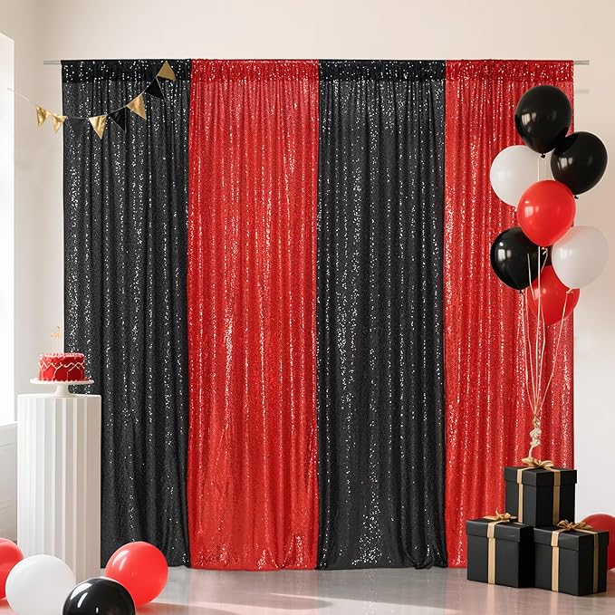 Eternal Beauty Black and Red Backdrop 4 PCS-2x8 Ft Sequin Curtain Panels - Image 3