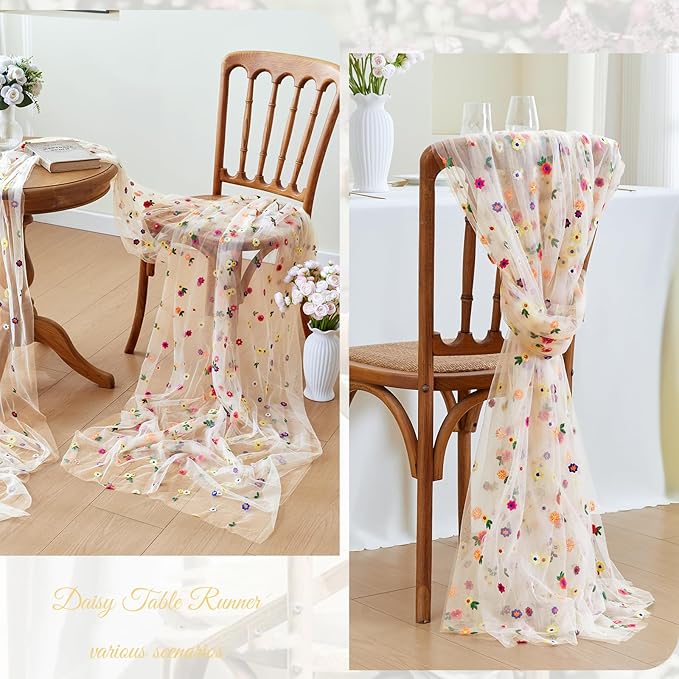 JIALE Champagne Floral Table Runner, Embroidery Daisy Seasonal Table Decorations - Image 6