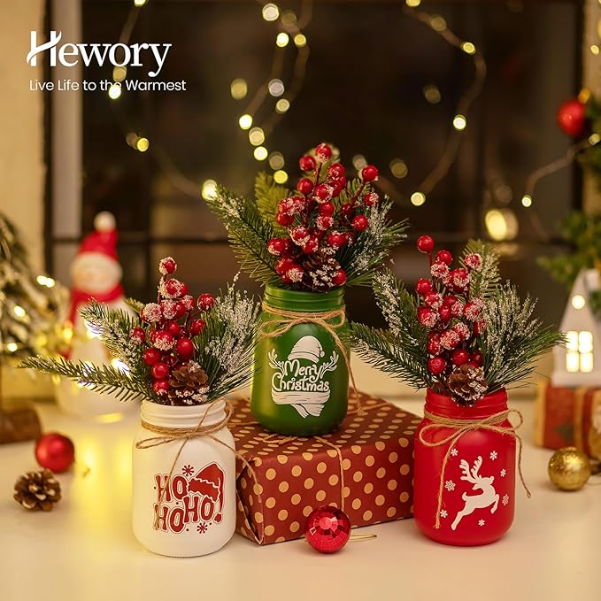 Hewory Christmas Vase for Table Centerpieces: 3 PCS Glass Christmas Mason Jars - Image 4