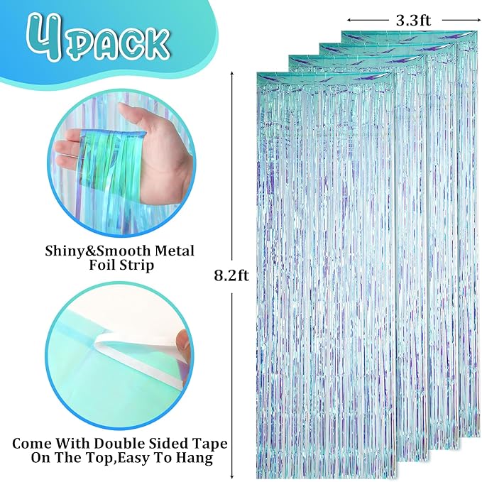 4 Pack 3.3x8.2 Feet Neon Iridescent Foil Fringe Backdrop Curtains, Tinsel - Image 3