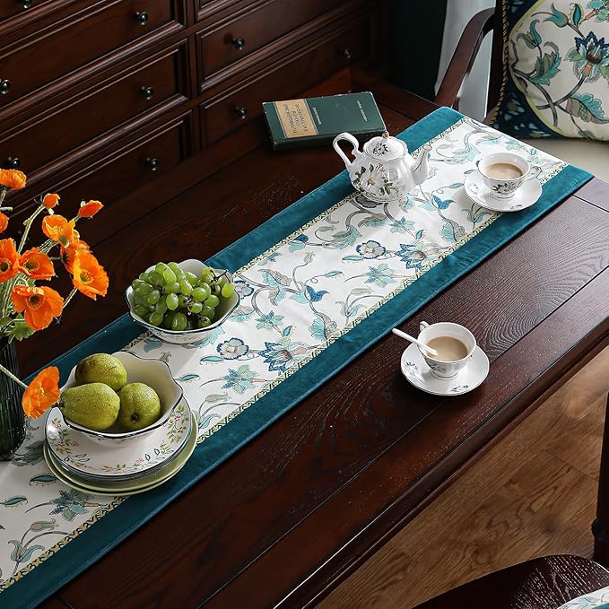 patdrea Designer Elegant French Floral Velvet Table Runner, Teal - Image 6