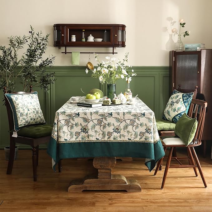 patdrea Designer Green Square Table Cloth, Vintage Floral Linen Durable - Image 7