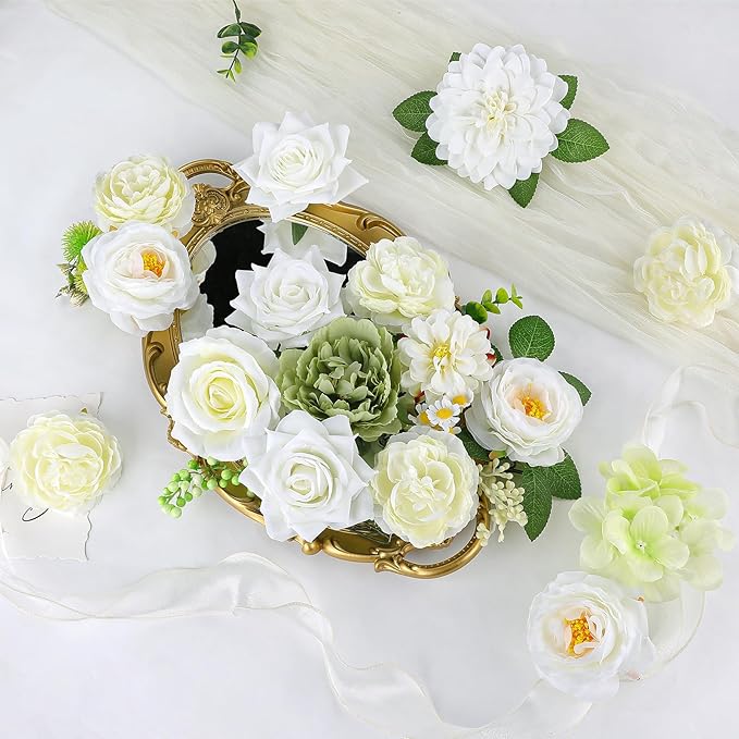 AmyHomie Green White Artificial Flowers Combo Silk Mix Peony Rose Fake Flowers - Image 5