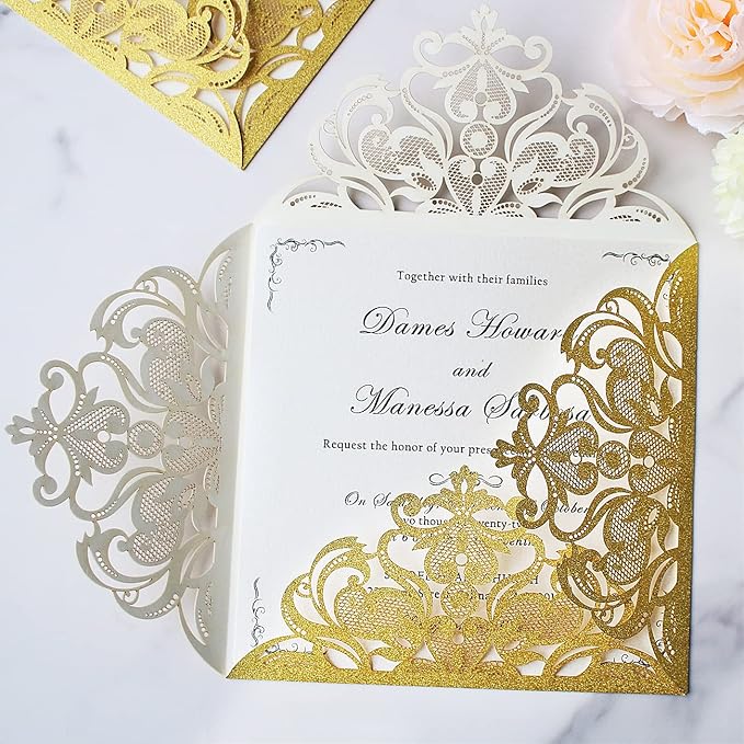 Hosmsua 50PCS Personalized Gold Laser Cut Wedding invitation Cards - Image 7