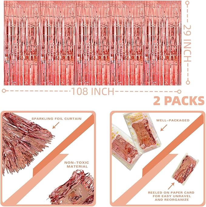 Rose Gold Streamers Party Decorations, 2 Packs Rose Gold Table Skirts Metallic - Image 2