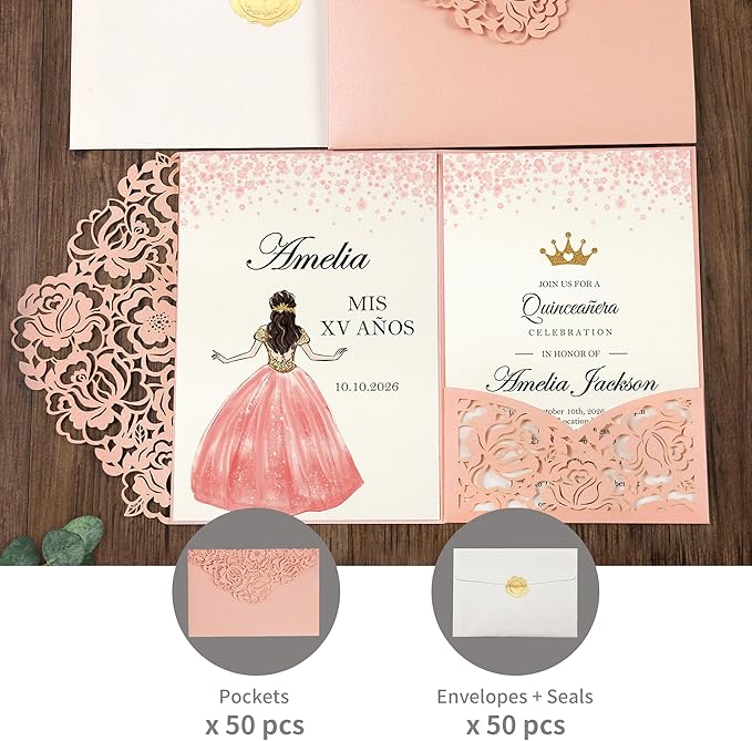 DORIS HOME 50pcs Laser Cut Quinceanera Invitation Pockets - Image 6