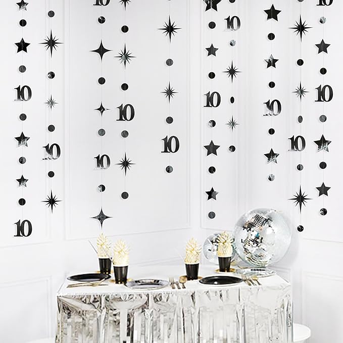 Black 10th Birthday Decorations Number 10 Circle Dot Twinkle Star Garland - Image 5