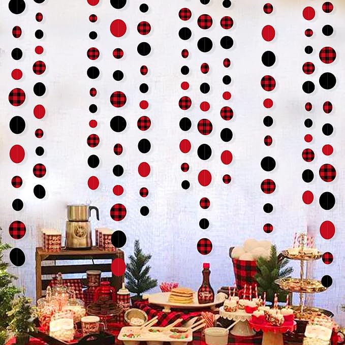 46Ft Buffalo Plaid Polka Dot Garlands Black Red Checkered Paper Circle Dot - Image 3