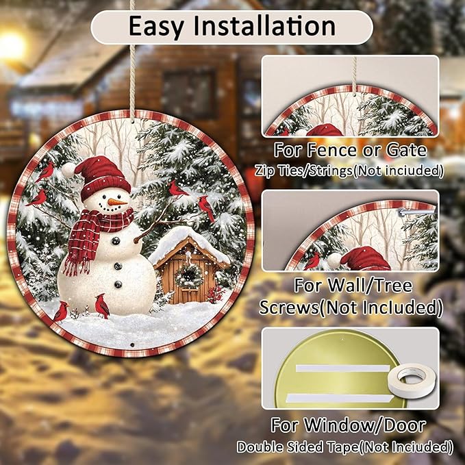 Round Christmas Metal Signs Vintage Snowman and Red Birds Tin Sign Metal Poster - Image 3