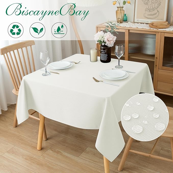 Biscaynebay Textured Fabric Square Tablecloths 54x54 Inches, Ivory Water - Image 2