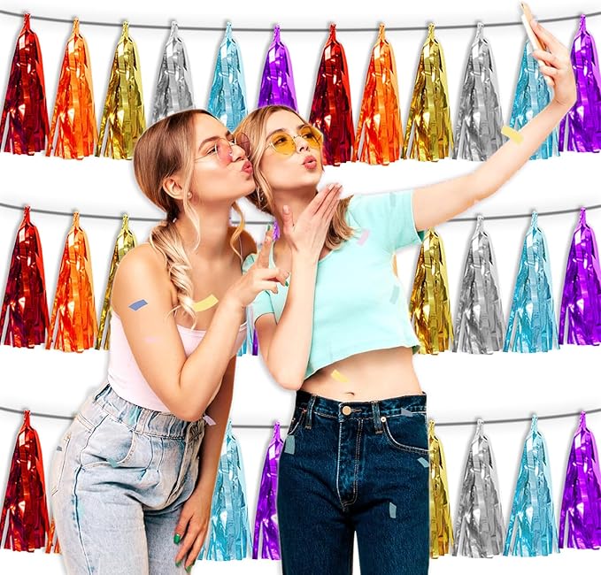 3P Lake Blue Orange-Red-Gold-Silver-Purple Metallic Fringe Tassel Banner - Image 4