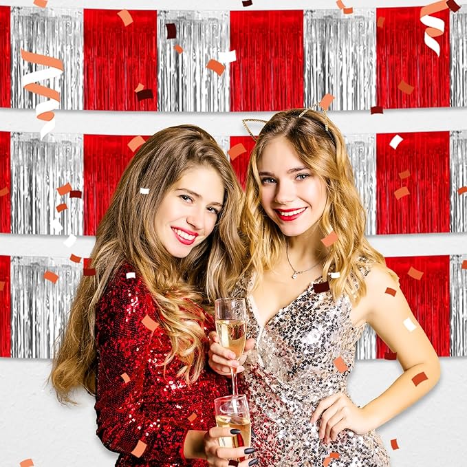 4 Pack 10 Feet Red Silver Foil Fringe Garland Metallic Tinsel Streamers Banner - Image 4