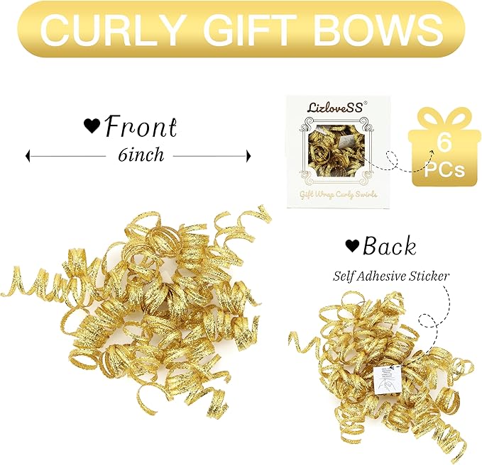 6" Metallic Gold Christmas Curly Ribbon Bows - Image 2