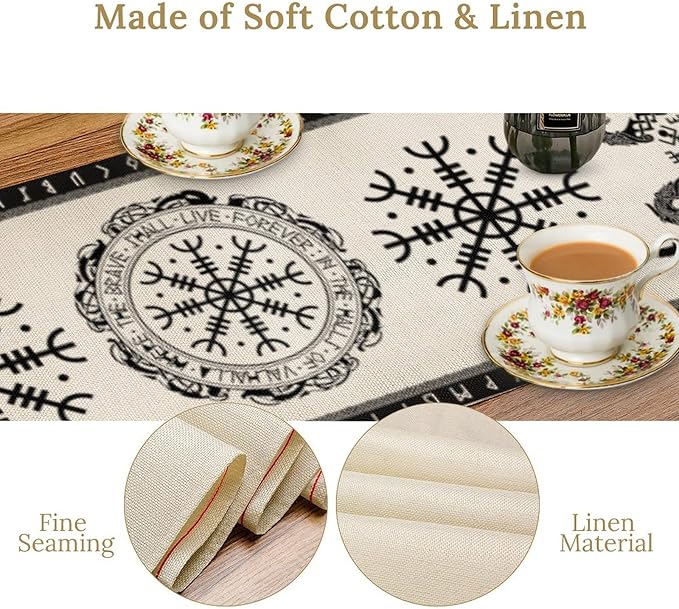 Ancient Abstract Pattern Table Runner, Tree of Life Eagle Dragon Boat Rudder - Image 5