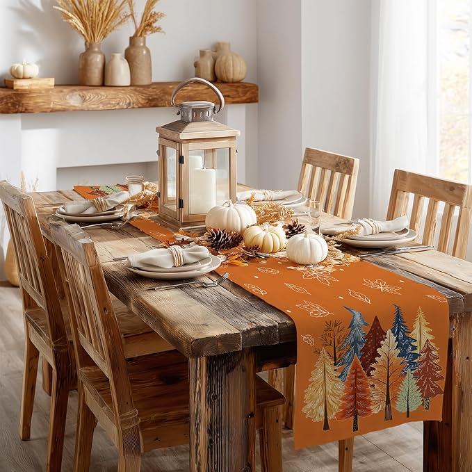 GEEORY Fall Watercolor Trees & Maple Leaves Table Runner 13x108 Inch, Rustic - Image 7