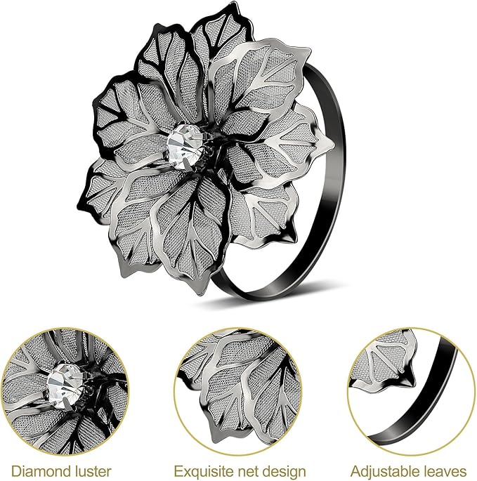 KPOSIYA Flower Napkin Rings Holder Metal Black Napkin Rings Set of 12 - Image 5