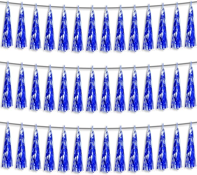 3P Blue Foil Fringe Metallic Tassel Streamers Banner Tassel Garland by HYSILLA
