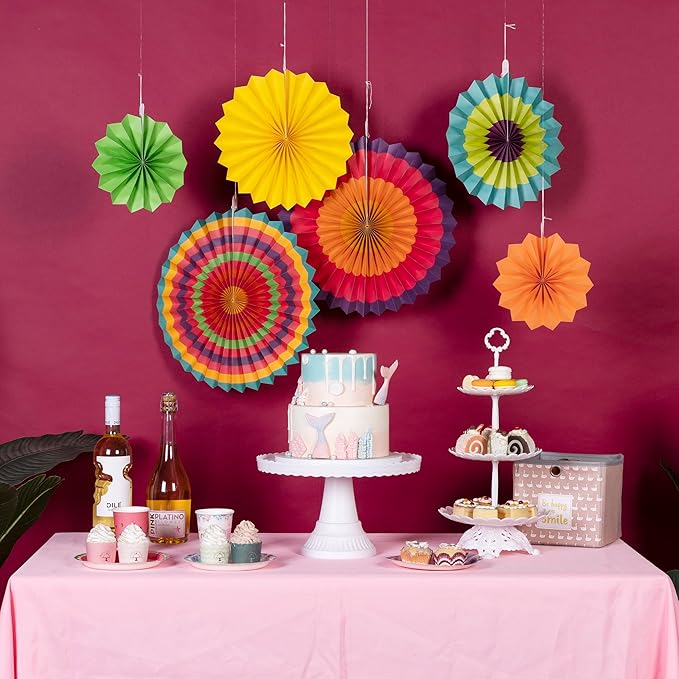 SUNBEAUTY Pack of 6 Hanging Paper Fans Party Carnival Circus Round Pattern - Image 5