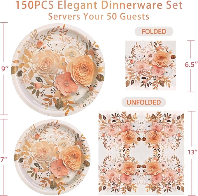 Boho Fall Plates and Napkins Sets, Floral Paper Plates Supplies Serves 50 - Image 3
