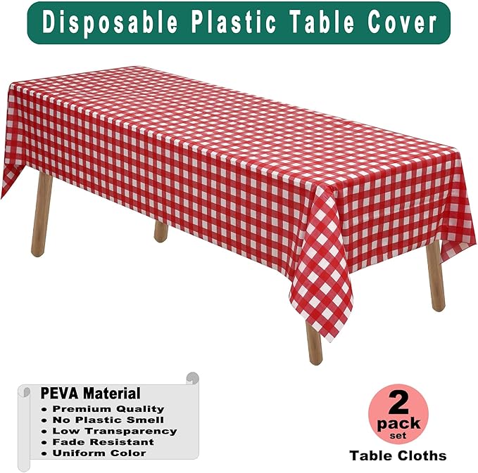 Red Gingham Checkered Plastic Tablecloths 2 Pack Disposable Table Covers 54 x - Image 2