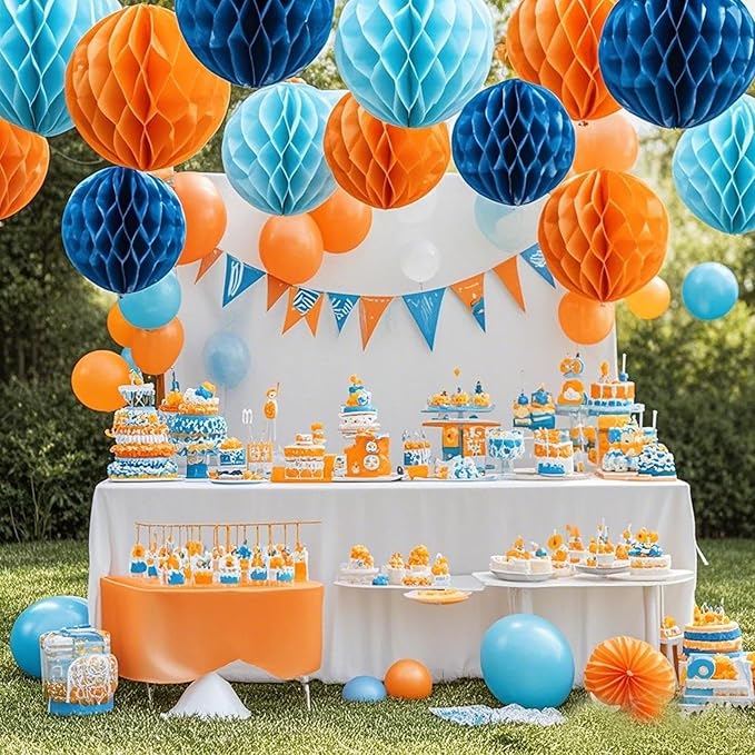 Orange Blue Paper Honeycomb Balls, 12 Pack Hanging Tissue Pom Poms - Image 2