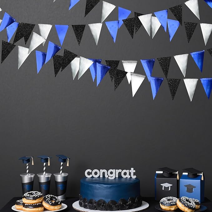30Ft Navy Blue Black and Silver Party Decorations Royal Blue Triangle Flag - Image 5